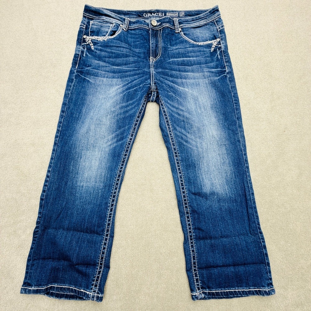 Grace in LA P-Straight Cropped Jeans Womens 17 Blue Med. Wash Faded Embellished